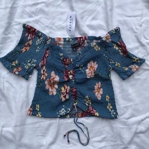 Kendall & Kylie Ruched Off the Shoulder Crop Top